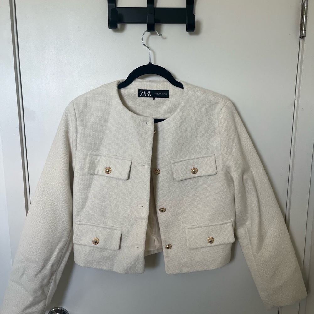 Zara Cream Cropped Textured Jacket with Gold Buttons